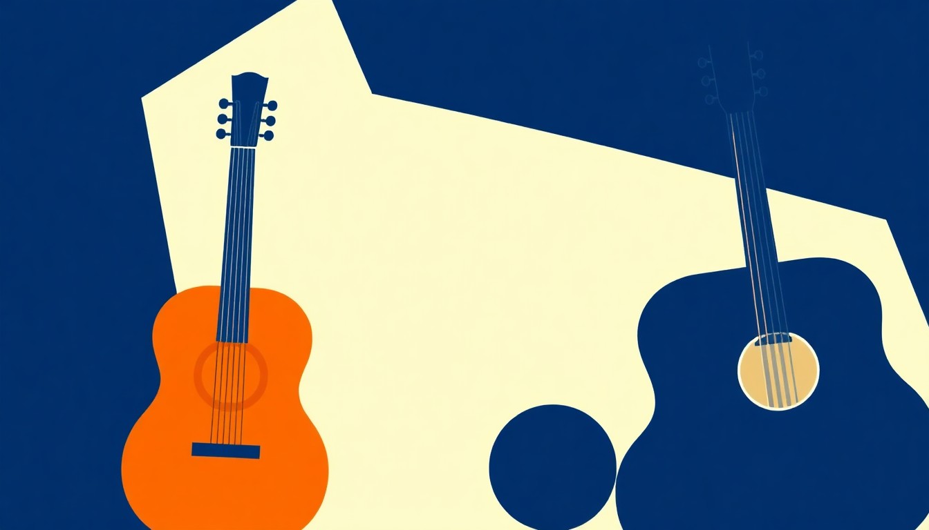 An abstract, minimalist composition of bold, jagged geometric shapes in deep blue, warm ochre, and bright white, representing the diverse musical instruments and styles that make up the 'American Songster' tradition.