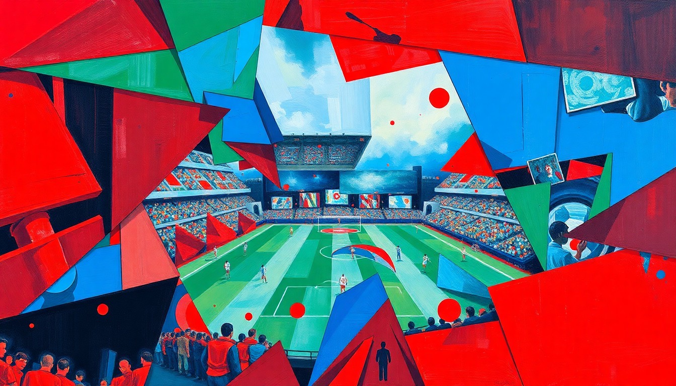A cubist, geometric painting depicting a football game or match, with sharp, overlapping planes of color representing the action on the field.