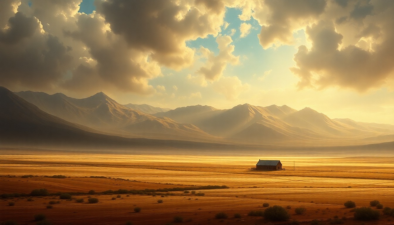 A vast, sweeping landscape painting in muted earth tones, with a small farmhouse structure barely visible in the distance, dwarfed by the overwhelming scale of the arid, drought-stricken environment.