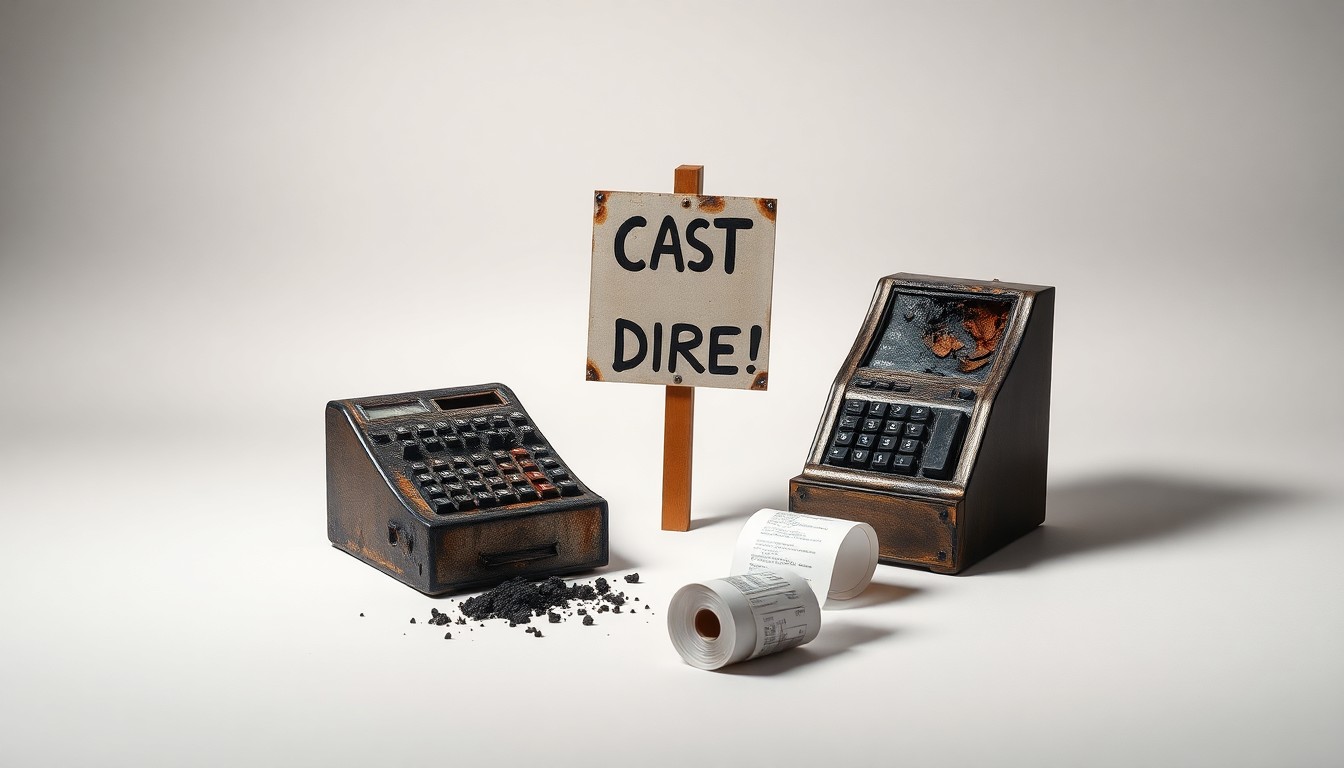 A photorealistic studio still life featuring a collection of charred and damaged small business items like a cash register and hand-painted sign, conceptually representing the impact of an unexpected disaster on local enterprises.