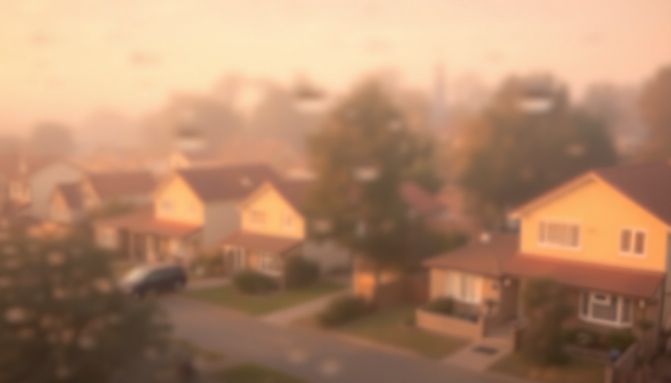 An abstract, impressionistic scene of blurred residential homes and trees in warm, muted tones, conveying a sense of community and home.