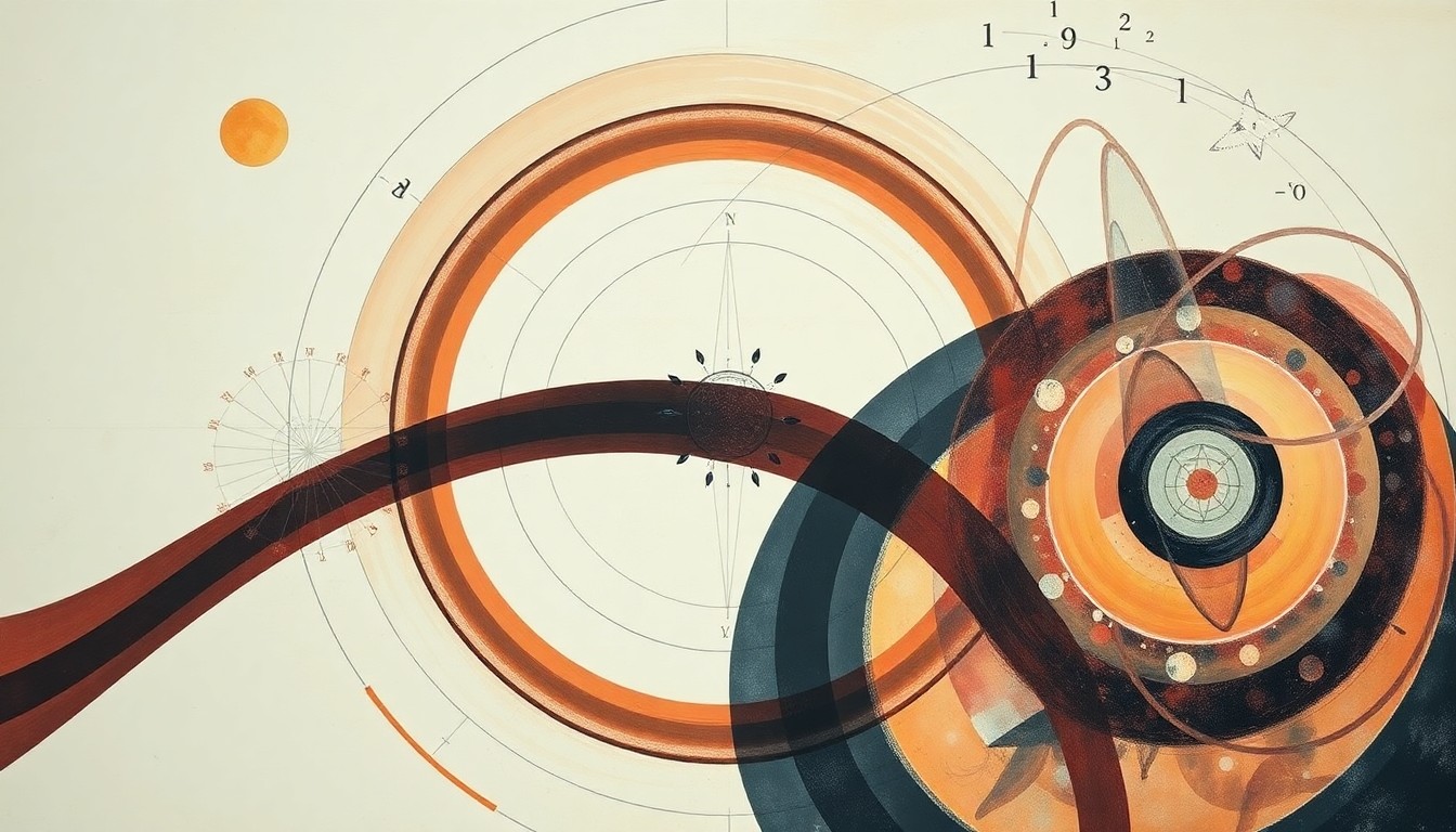 An abstract, highly structured painting in soft, flat colors featuring sweeping geometric arcs, concentric planetary circles, and precise botanical spirals, conveying the structural order of the universe without using any text or symbols.