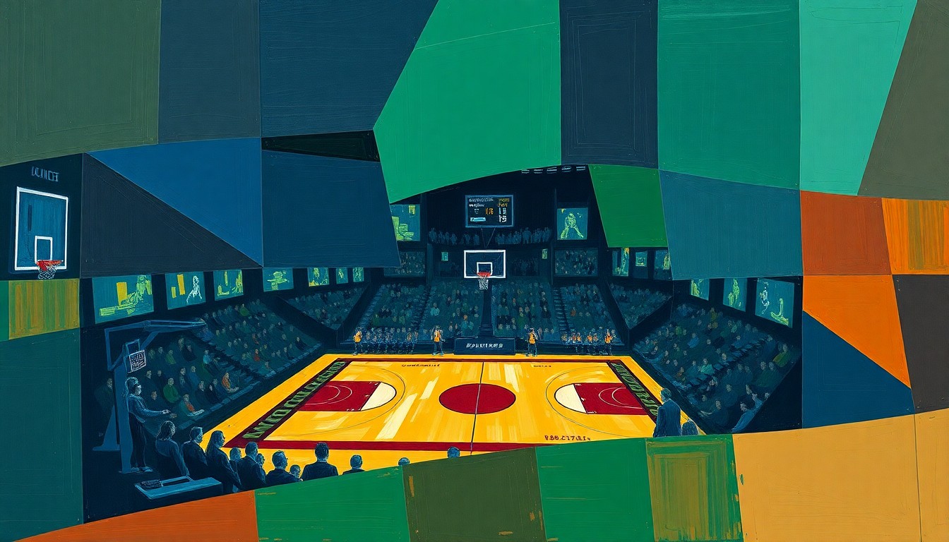 A cubist, geometric painting depicting the fragmented action and energy of a college basketball game, with sharp planes of navy, green, and orange intersecting to create a dynamic, abstract composition.