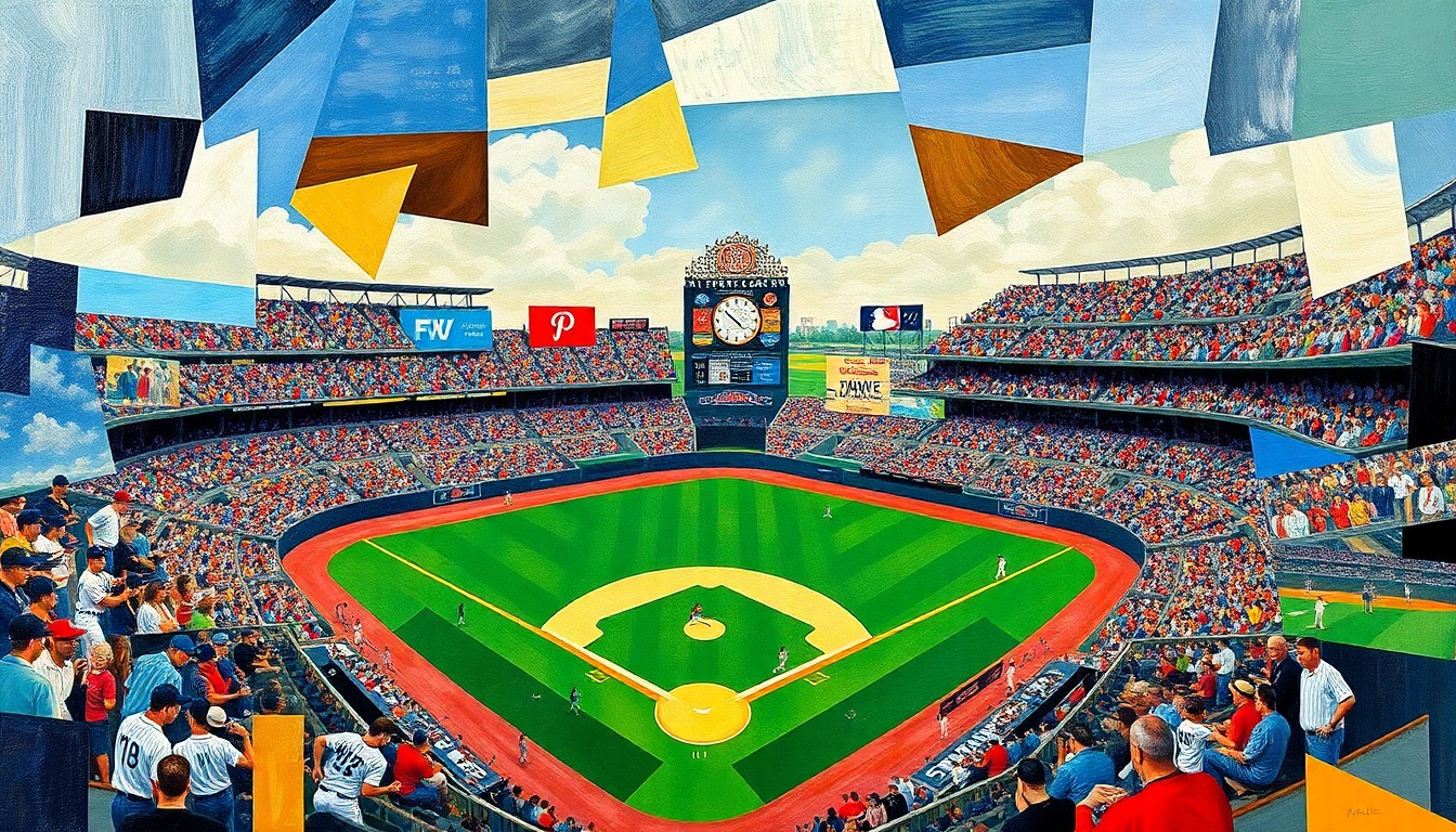 A cubist, geometric painting depicting a baseball game in motion, with players, the field, and the crowd all represented through fragmented, overlapping shapes and planes of color, capturing the dynamic energy and excitement of the game.