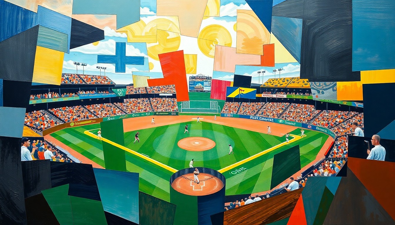 A fractured, geometric painting depicting a baseball game or match broken down into sharp, overlapping planes of color, with no recognizable figures or details.