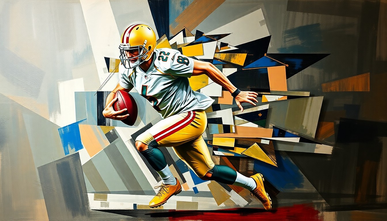 A cubist-style painting depicting a football player in motion, with their body broken down into sharp, overlapping geometric shapes and planes, conveying the physical demands and specialization required in professional football.