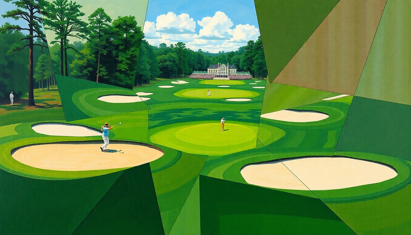 A cubist, geometric painting depicting the 15th hole at Augusta National Golf Club, with overlapping planes of green fairway, sand traps, and water hazards, conceptually representing the challenges faced by professional golfers on this iconic hole.