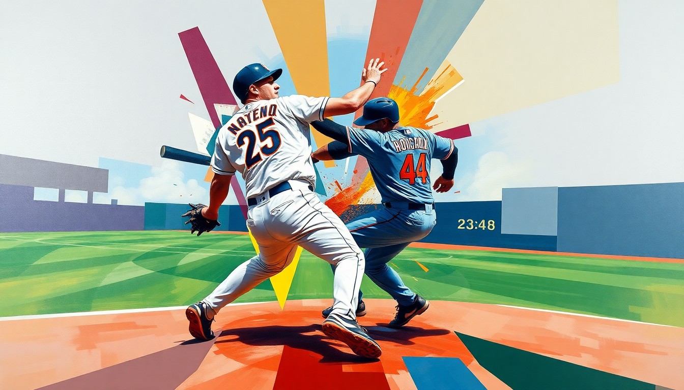 A cubist painting with sharp, overlapping geometric planes in the Tigers' team colors, conceptually representing the collision between two players on a baseball field.