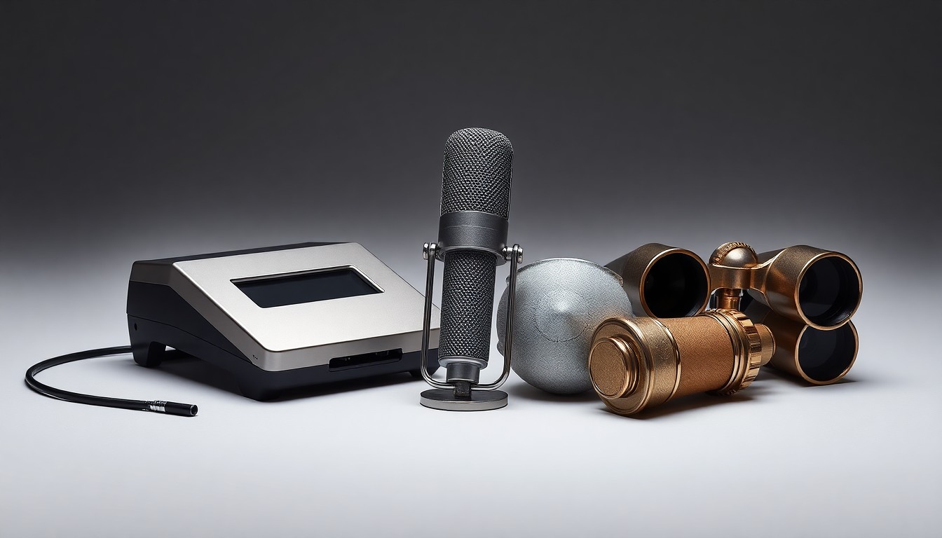 A high-end, photorealistic studio still-life photograph featuring a collection of elegant, polished objects arranged on a clean, monochromatic background, symbolizing the business of running a performing arts venue.