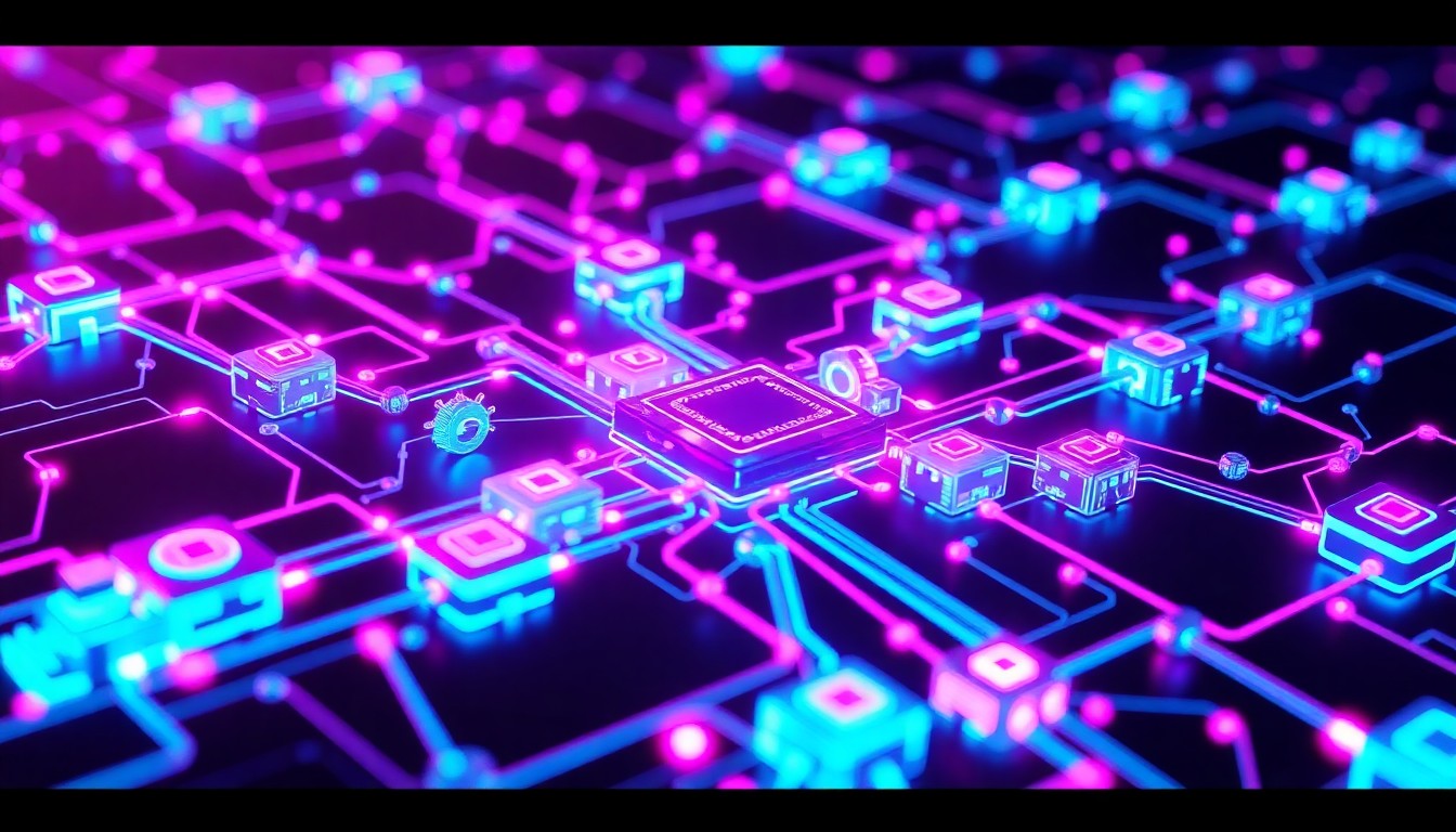A highly detailed, glowing 3D illustration of a complex network of interconnected cybersecurity infrastructure elements in shades of neon blue, purple, and magenta, conceptually representing the sophisticated, high-tech nature of modern digital threats and the need for robust, cutting-edge defenses.