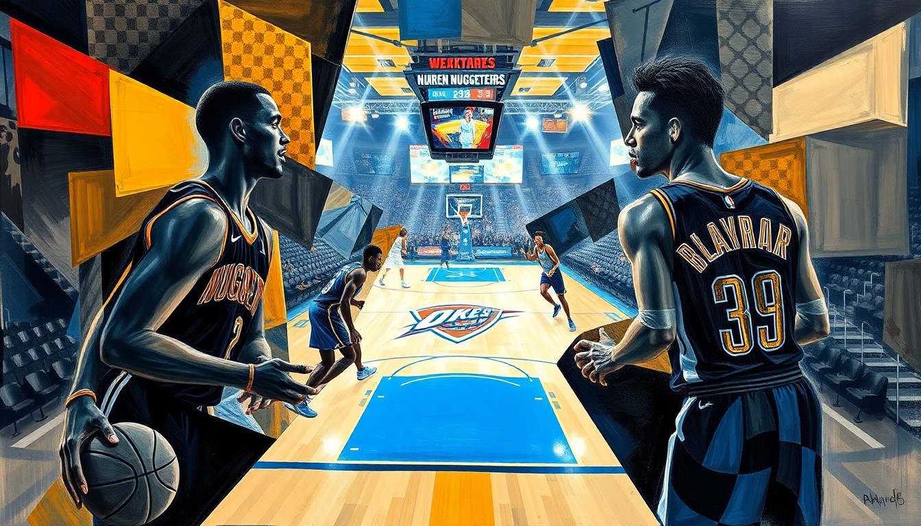 A fractured, geometric painting depicting an abstract basketball game, with the players' forms broken down into sharp, overlapping shapes and planes of color, conveying the strategic dynamics at play in this matchup.