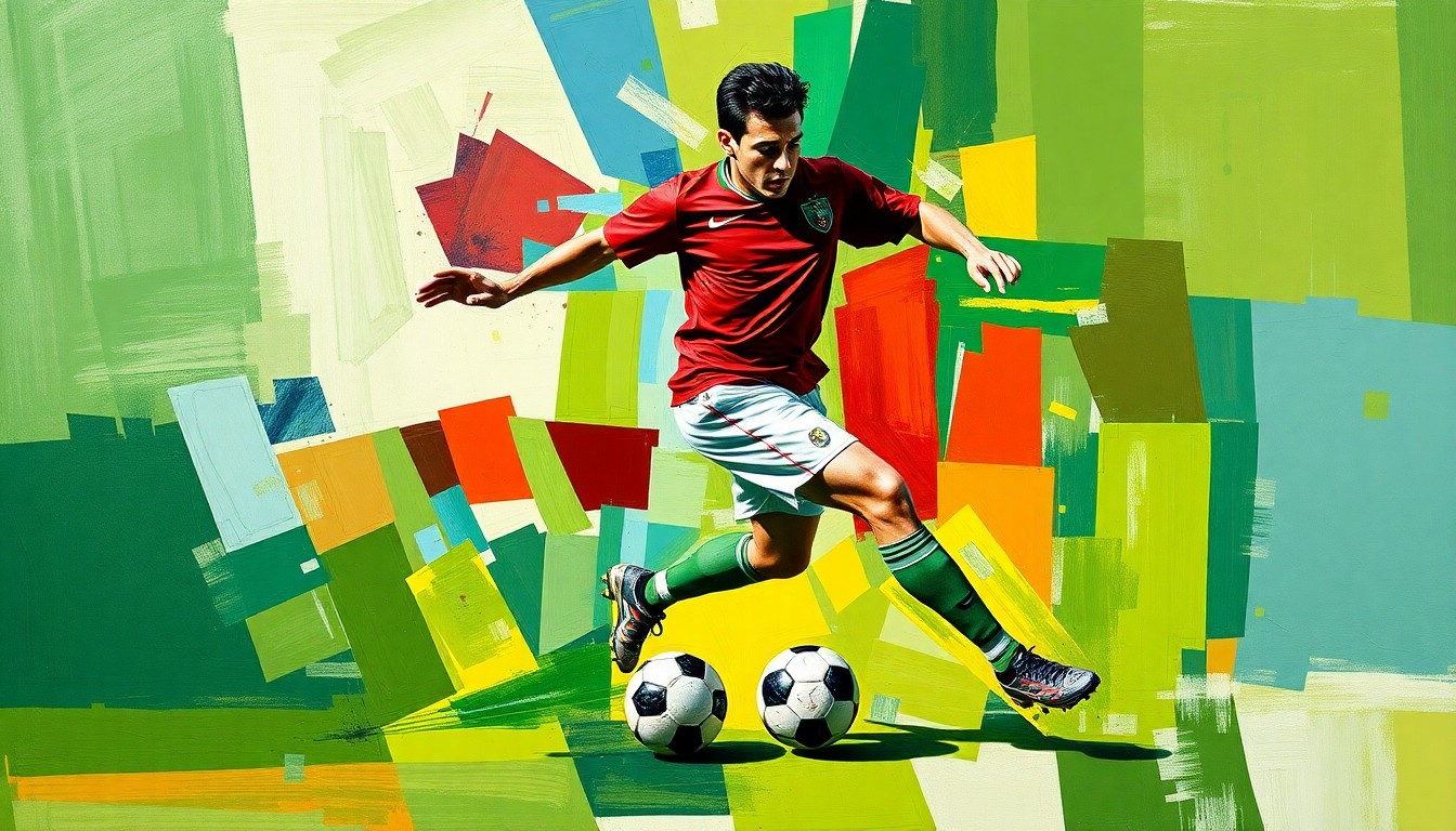 A cubist-style painting depicting a soccer player in action, with their body and movements fragmented into sharp, overlapping geometric shapes in a vibrant color palette, conceptually representing the analytical insights Chicharito will bring to Fox's World Cup broadcast team.