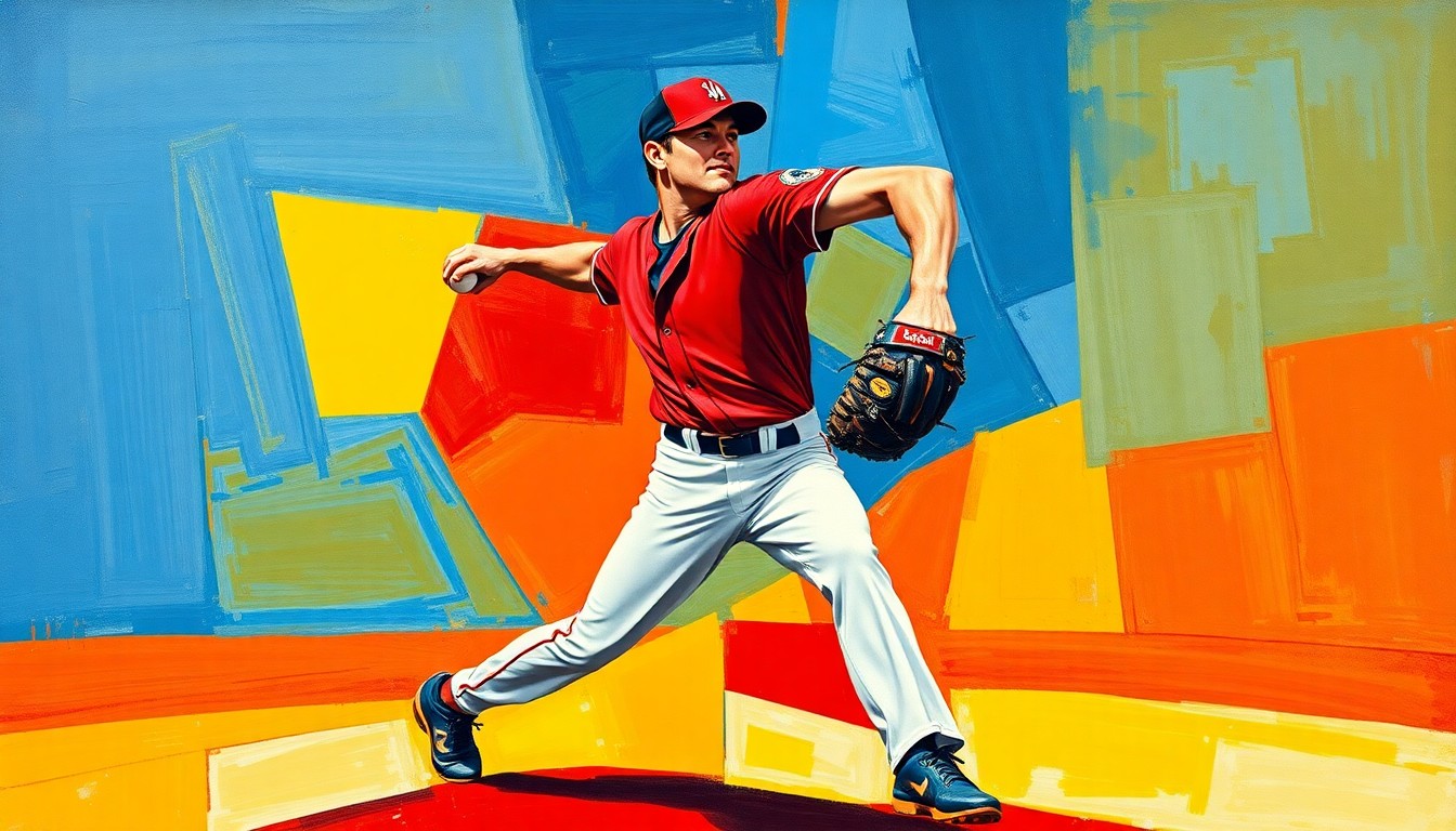 A cubist, geometric painting depicting the fragmented motion of a baseball pitcher's windup and delivery, with vibrant colors and sharp, overlapping planes representing the tensions surrounding Ohtani's special treatment.