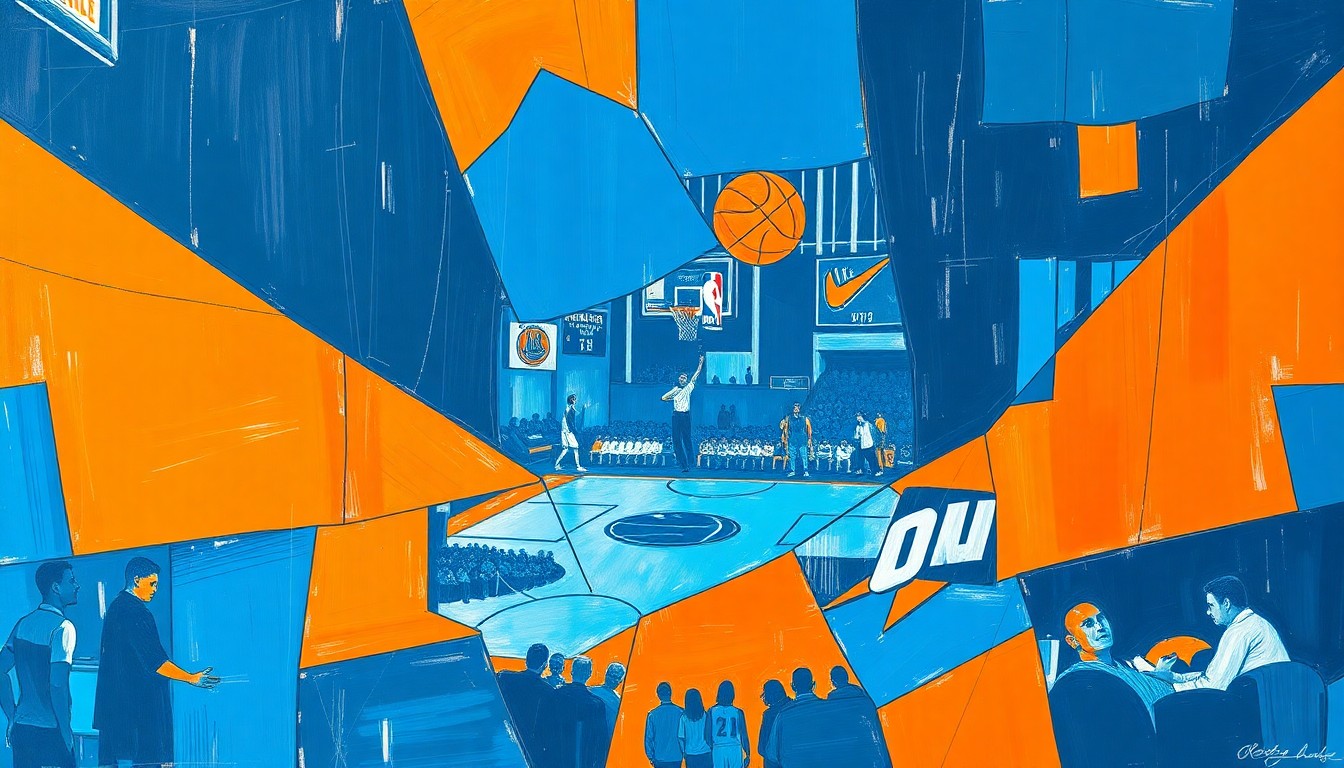 A cubist, geometric painting depicting a basketball game in motion, with the players and court fragmented into sharp, overlapping shapes in shades of blue and orange.