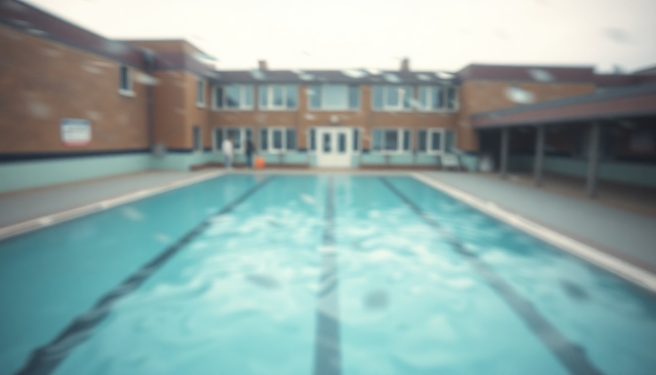 An abstract, out-of-focus photograph depicting a blurred, watery scene with muted colors, conceptually representing the trauma and uncertainty surrounding a school pool incident involving a young student with special needs.