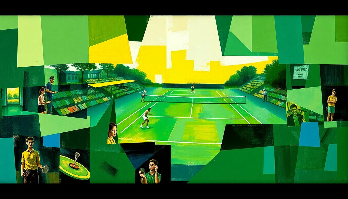 A cubist, geometric painting depicting a fragmented, multi-angled view of a college tennis match, conceptually representing the difficulties the Oklahoma State women's team has faced due to player injuries this season.