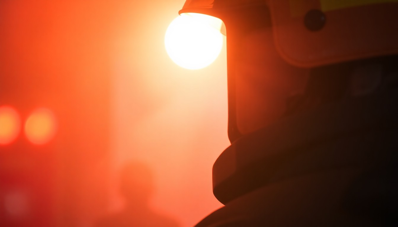 An extremely abstracted, out-of-focus photograph of a firefighter's helmet and uniform, composed entirely of soft, warm pools of color and light, conceptually representing the selfless service of first responders.