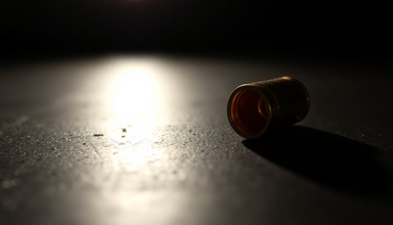 An extreme close-up of a single spent bullet casing on a dark surface, reflecting a harsh, direct camera flash, conceptually representing the investigation into a past violent crime.