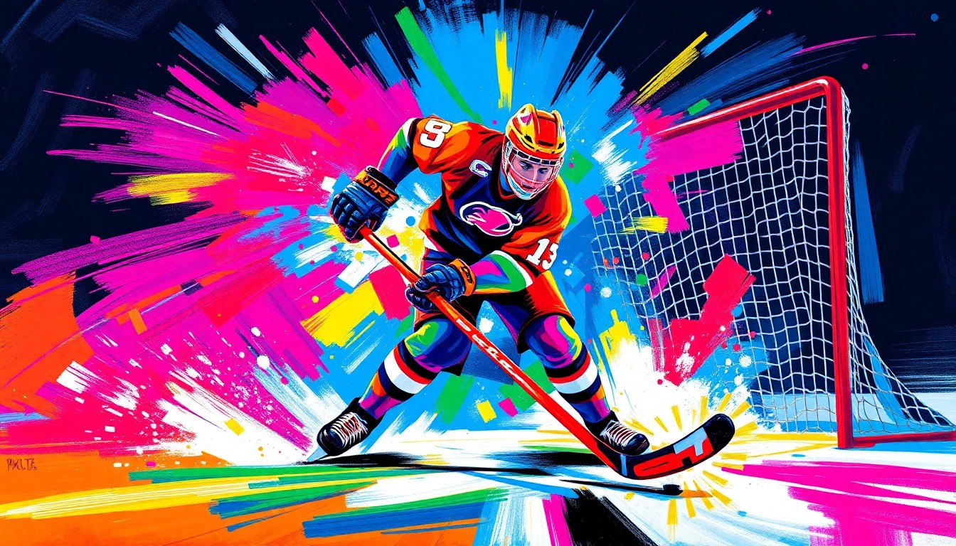 An abstract, energetic painting in bright neon colors and rapid brushstrokes, capturing the raw power and athleticism of a hockey player scoring a goal. The player's form is dissolved into expressive, unrecognizable shapes, with the puck and net blending into a dynamic, kinetic composition.
