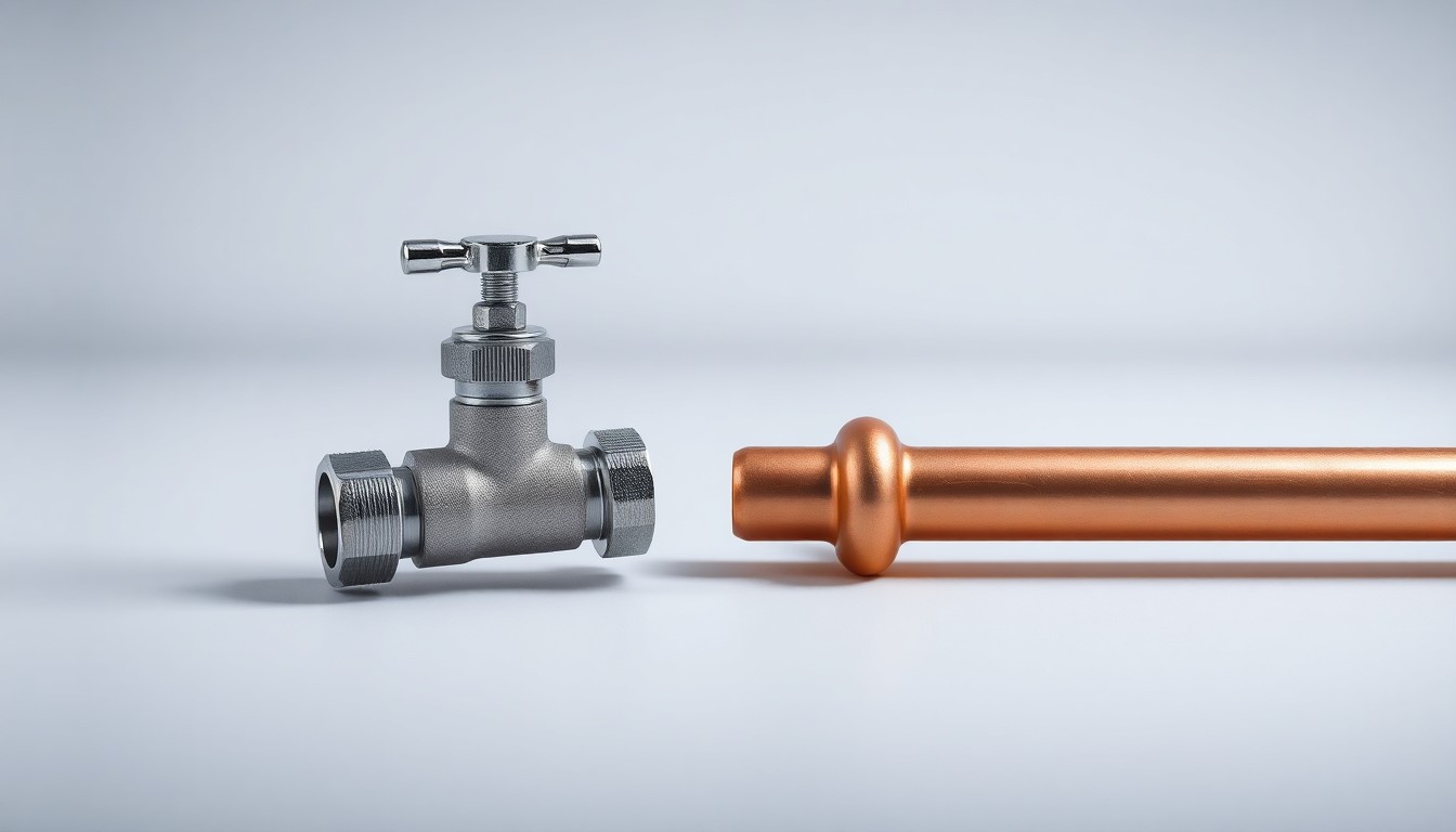 A high-end, photorealistic studio still-life photograph featuring a polished, chrome water valve and a section of gleaming copper pipe arranged elegantly on a clean, monochromatic background, conceptually representing the investment in water infrastructure.