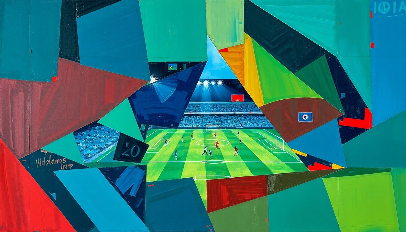 A cubist, geometric painting depicting a fragmented soccer match, with overlapping planes of deep blue, green, and red hues creating a sense of dynamic movement and energy on the field.