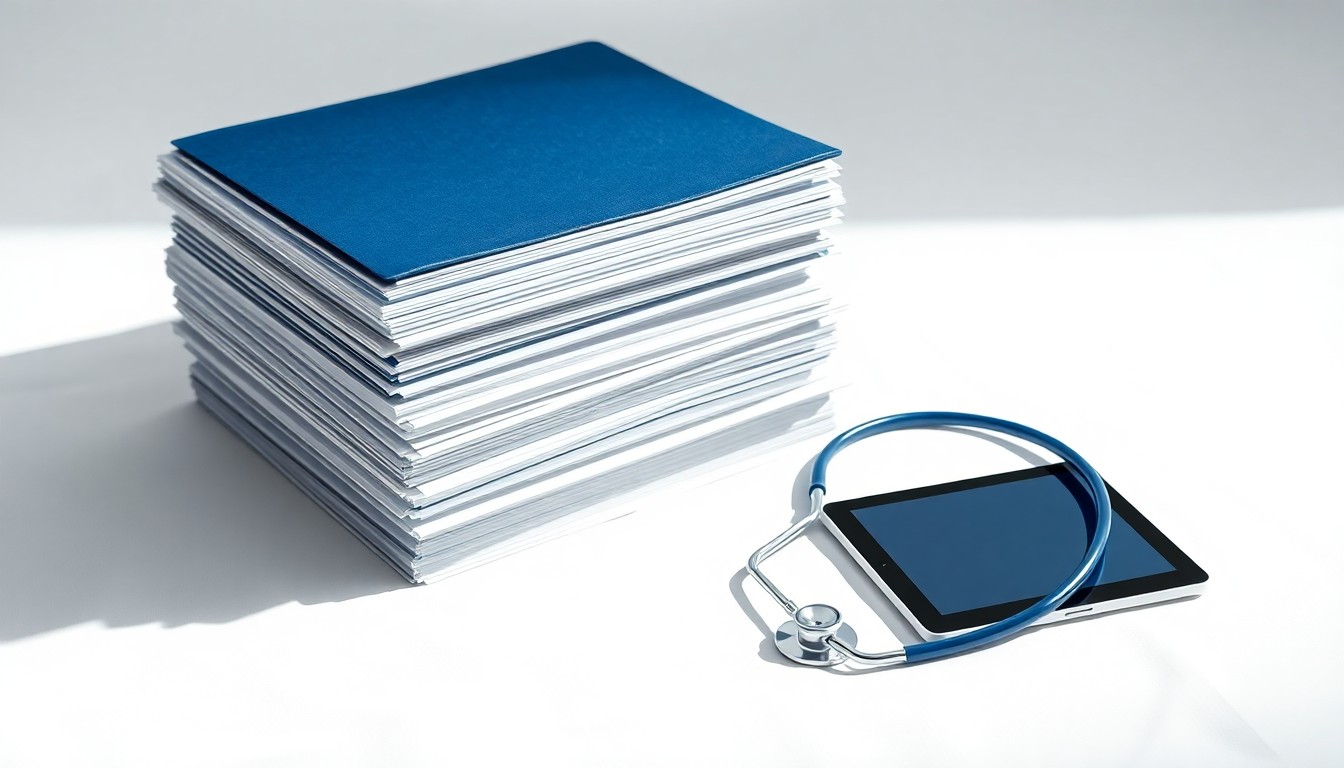 A photorealistic studio still life featuring a stack of medical files, a stethoscope, and a tablet device arranged elegantly on a clean, white background, using dramatic lighting and shadows to symbolize the complex financial and strategic challenges facing the healthcare industry.