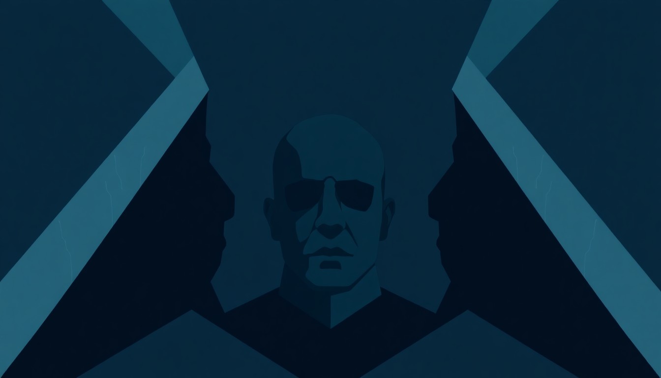 An abstract, minimalist illustration featuring bold, angular shapes in a muted color palette, conceptually representing the emotional arcs of the characters in the TV series 'Shrinking'.