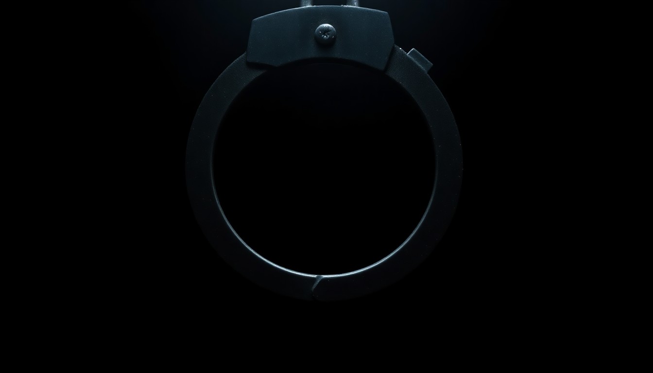 An extreme close-up of a metal handcuff lock, its textured surface and sharp edges dramatically illuminated by a harsh camera flash against a pitch-black background, conceptually representing the harsh realities of a sexual assault investigation.