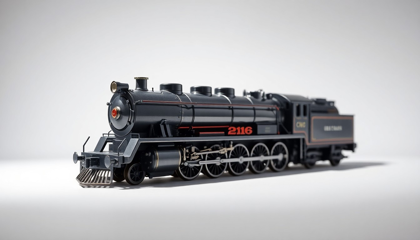A highly detailed, photorealistic studio photograph of a chrome-plated model of a 4-6-4 steam locomotive, lit dramatically to showcase the locomotive's elegant engineering and heritage.