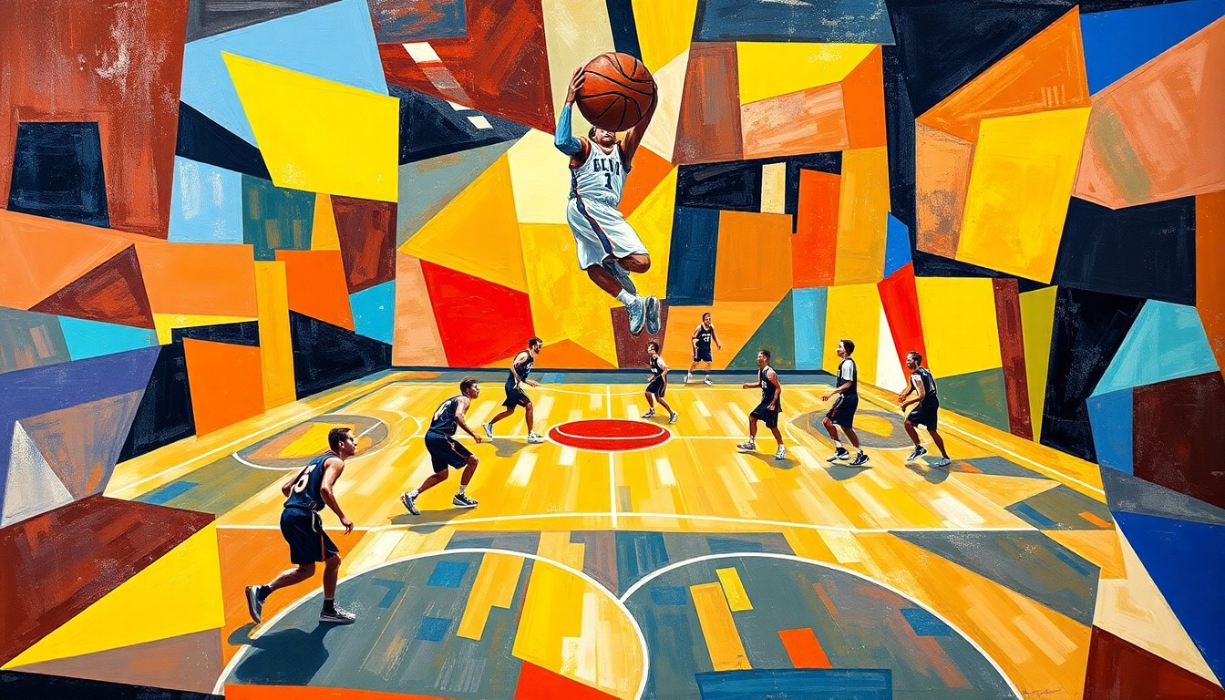 A fragmented, geometric painting depicting the motion and action of a basketball game, with players and court lines broken down into sharp, overlapping planes of color and shape.