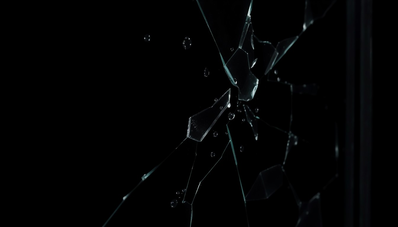 An extreme close-up photograph of shattered glass from a door, with drops of blood visible, against a stark black background, conceptually representing the aftermath of a violent domestic incident.