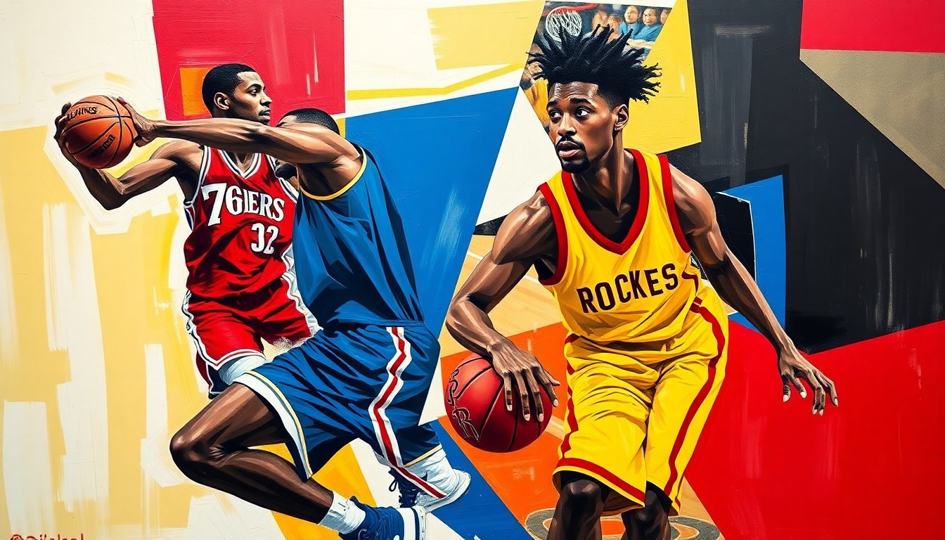 A cubist, geometric painting depicting a basketball player's movements and court action broken down into sharp, overlapping planes of red, blue, white, yellow, and black, reflecting the colors of the 76ers and Rockets uniforms.