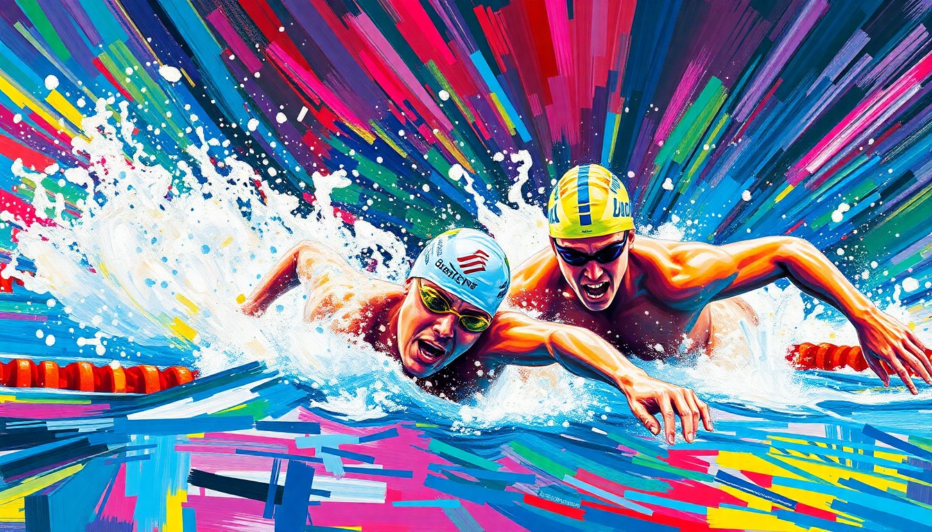 A colorful, energetic painting featuring abstract, swirling brushstrokes of neon greens, blues, and reds, conveying the powerful movements and record-breaking performances of Irish swimmers.