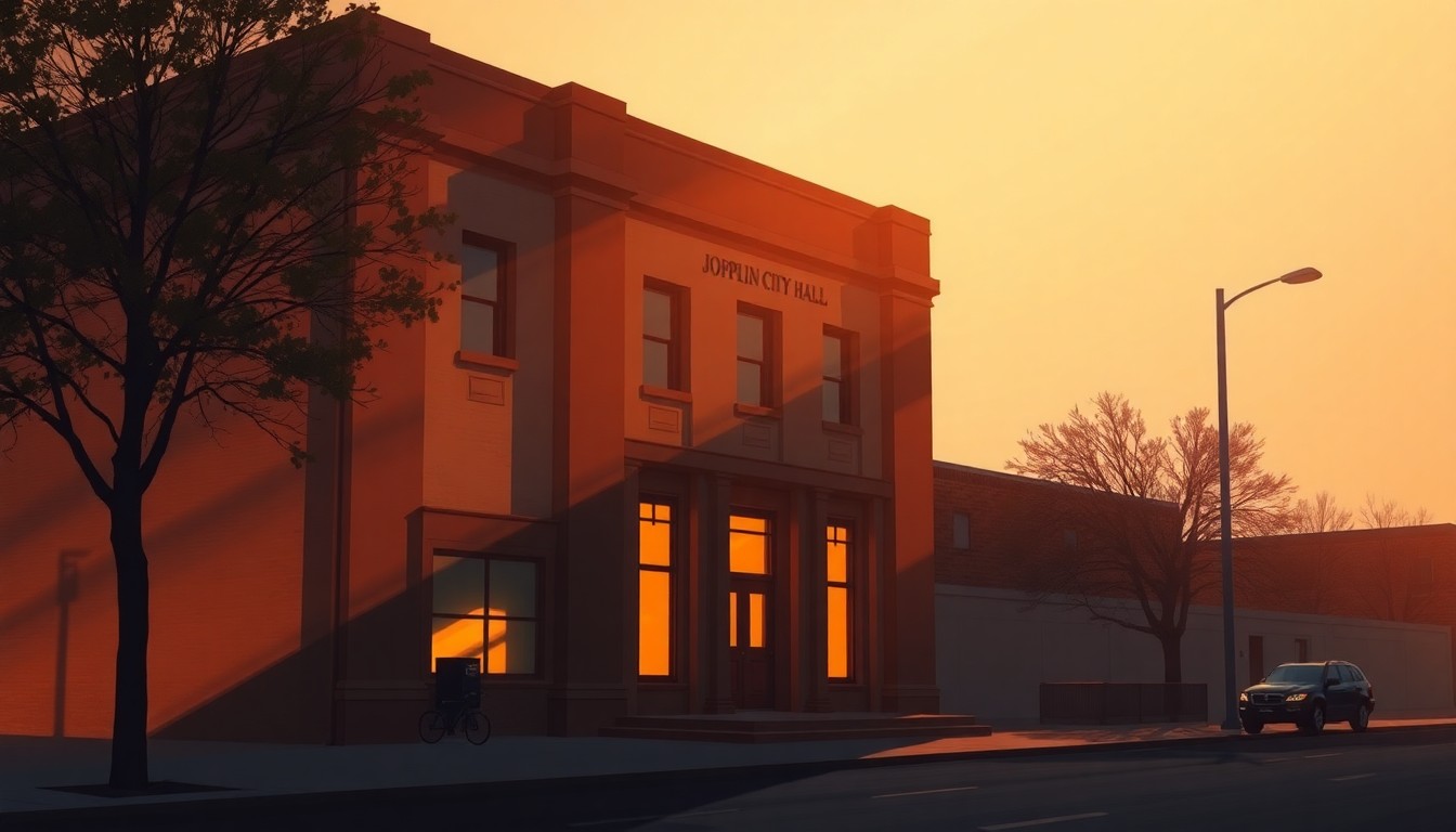 A realistic painting of the exterior of a government building in warm, muted tones, with the facade bathed in dramatic lighting and shadows, conveying a sense of civic importance and solemnity.