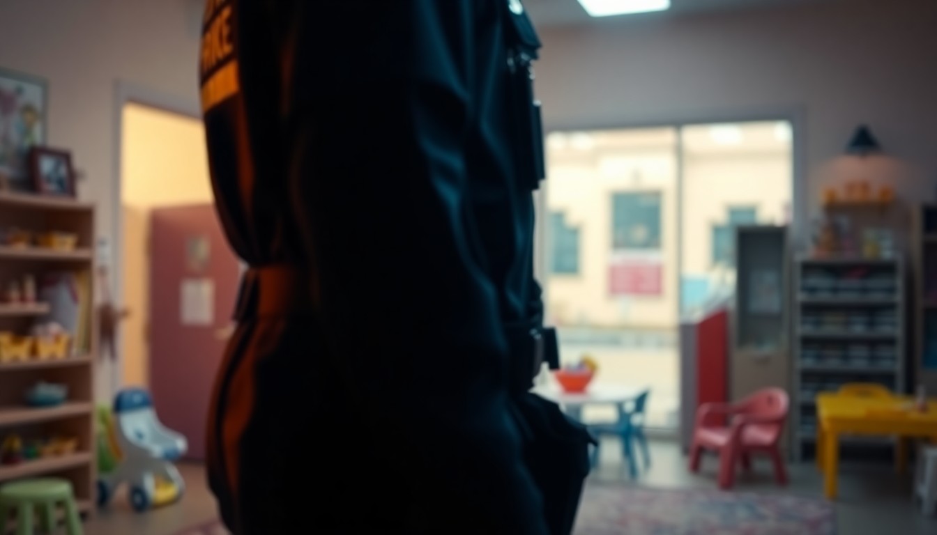 A blurred, dreamlike photograph of a first responder's uniform and equipment, with indistinct shapes of children's toys and a daycare center in the background, all captured in a warm, glowing light wash that evokes a sense of care and community.
