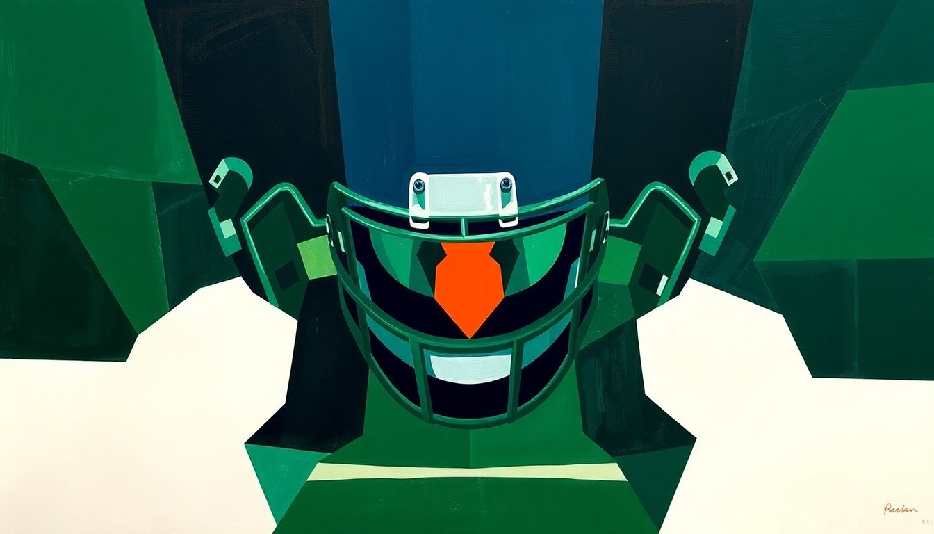 A fragmented, geometric painting depicting the overlapping planes and angles of a football offensive line, with sharp lines and shapes in shades of green, blue, and orange.