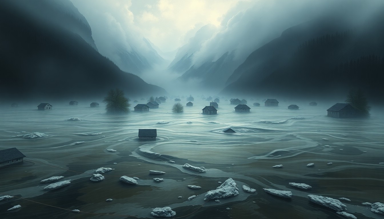 A vast, atmospheric landscape painting depicting a flooded Alaskan neighborhood submerged in a sea of murky, swirling waters, with any physical structures or objects caught within the floodwaters dwarfed by the sheer power of the natural disaster.