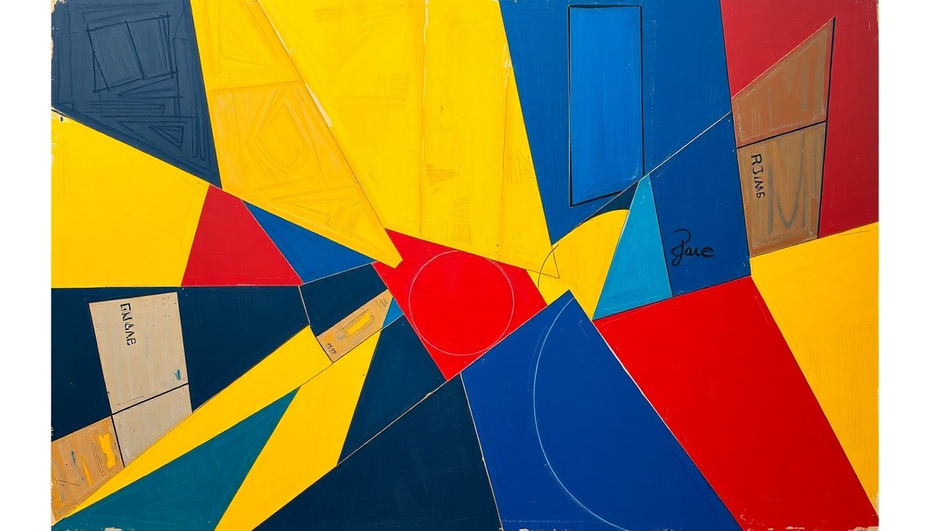 A cubist, geometric painting depicting a fragmented, multi-perspective view of a women's basketball game, with sharp, overlapping planes of navy blue, crimson red, and bright yellow, conceptually representing the complexities of a player's college basketball journey.