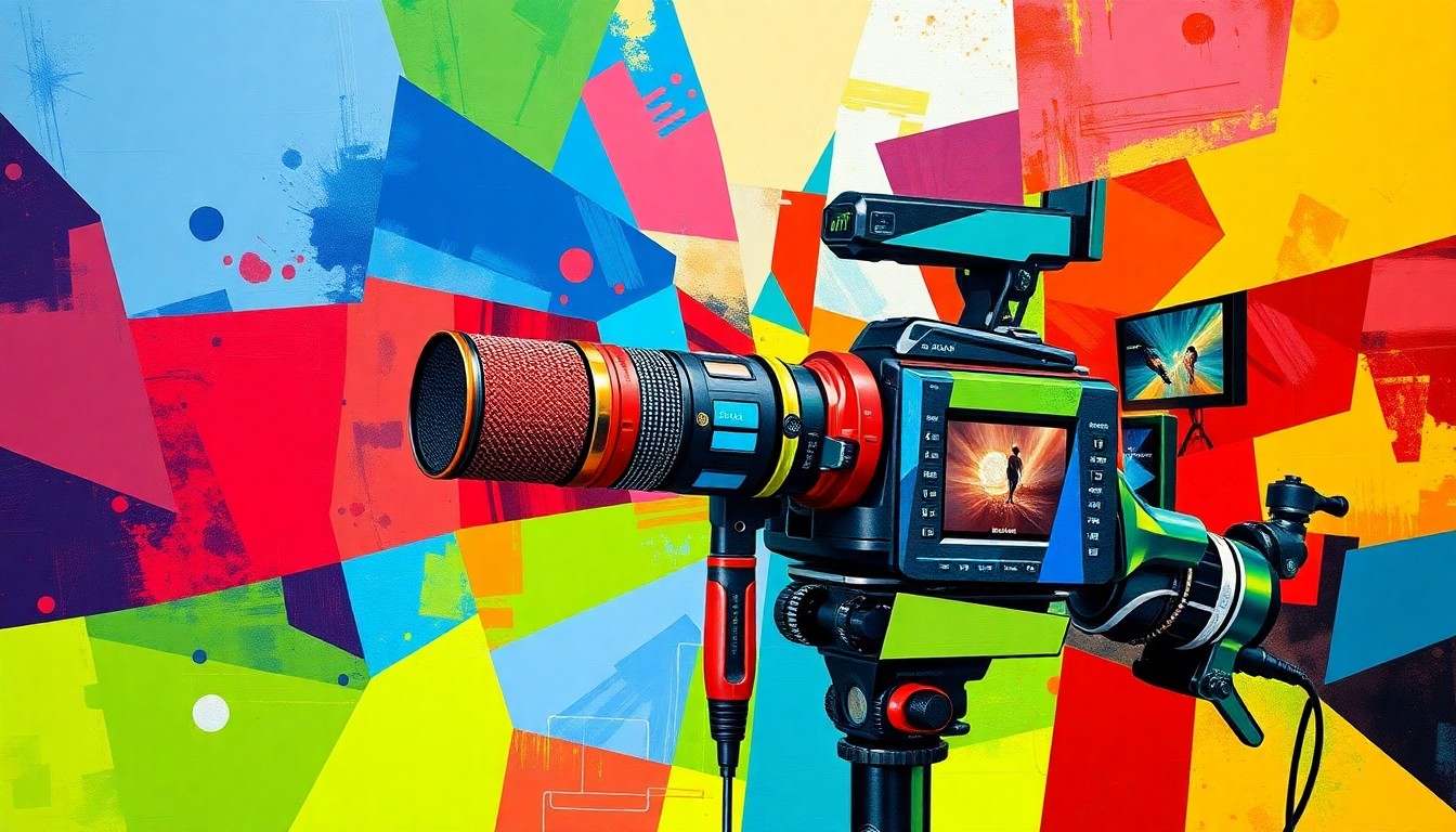 A dynamic, abstract painting featuring fragmented media equipment in a riot of vibrant, clashing colors, conceptually representing the fractured state of conservative media and politics.