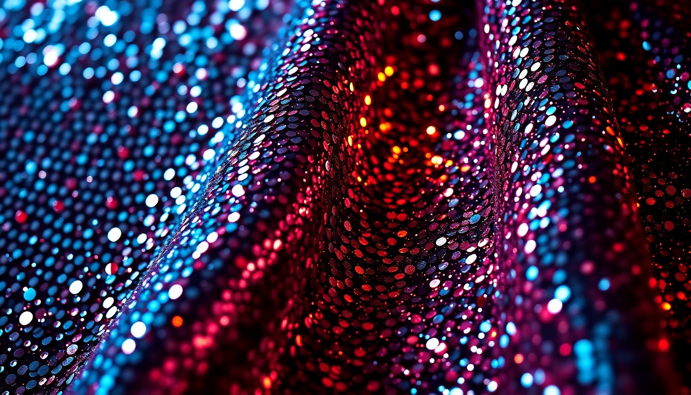 An extreme close-up of shimmering, reflective sequins and crushed velvet textures, conceptually representing the high-stakes, high-fashion environment of Vogue magazine.