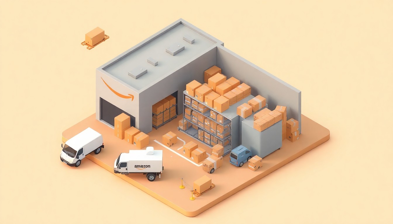 A miniature, stylized 3D digital illustration of an Amazon fulfillment center with delivery trucks and packages, conveying the speed and efficiency of the company's new same-day service in Reno.
