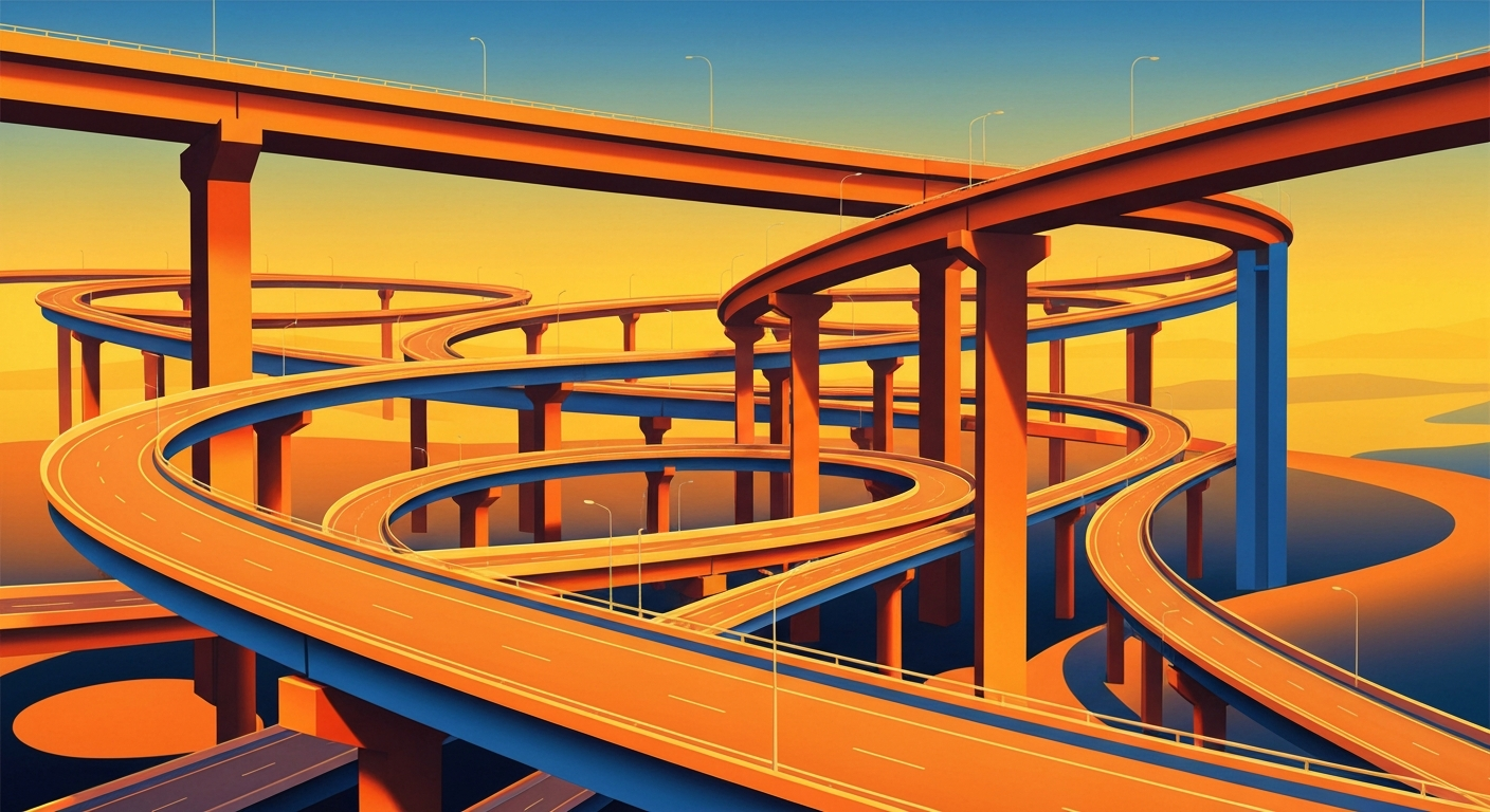A bold, geometric illustration in shades of orange, yellow, and blue, depicting the sweeping curves and towering scale of a highway interchange, conceptually representing the challenges of a major construction project disrupting travel to a major event.