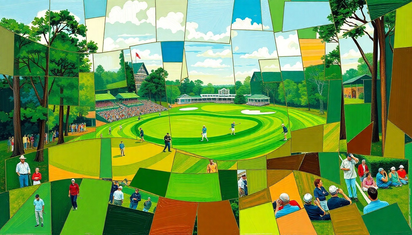 A cubist, geometric painting depicting a fractured, multi-angled view of a golf tournament scene, with sharp planes of green, brown, and blue hues representing the lush fairways and bunkers of Augusta National.