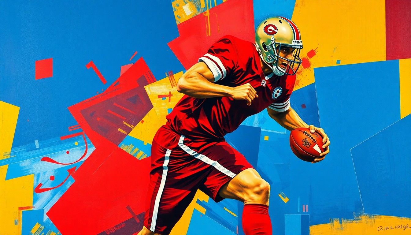 A fragmented, geometric painting depicting a football player in motion, with sharp planes of color and form capturing the energy and athleticism of the sport.
