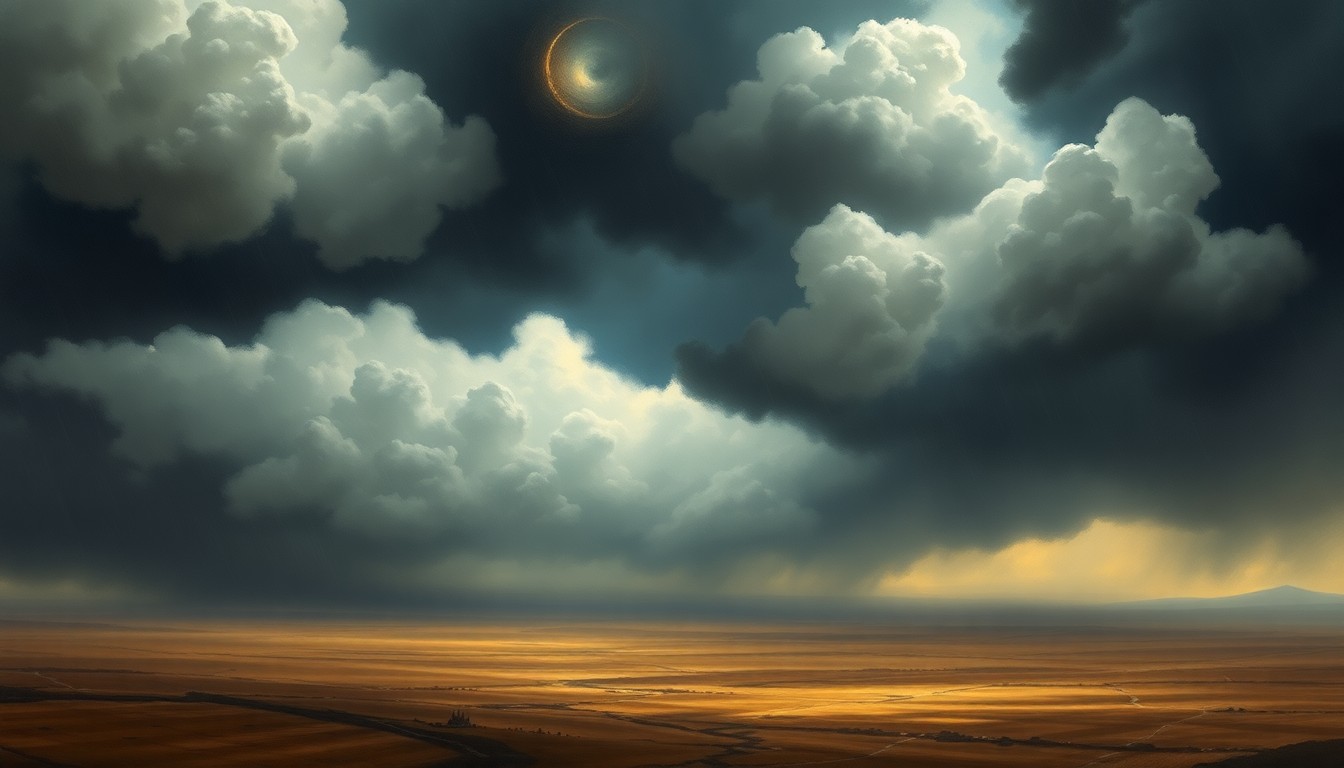 A vast, atmospheric landscape painting in muted tones of grey, blue, and green, with a dramatic, stormy sky dominating the scene and obscuring any physical structures or objects below.