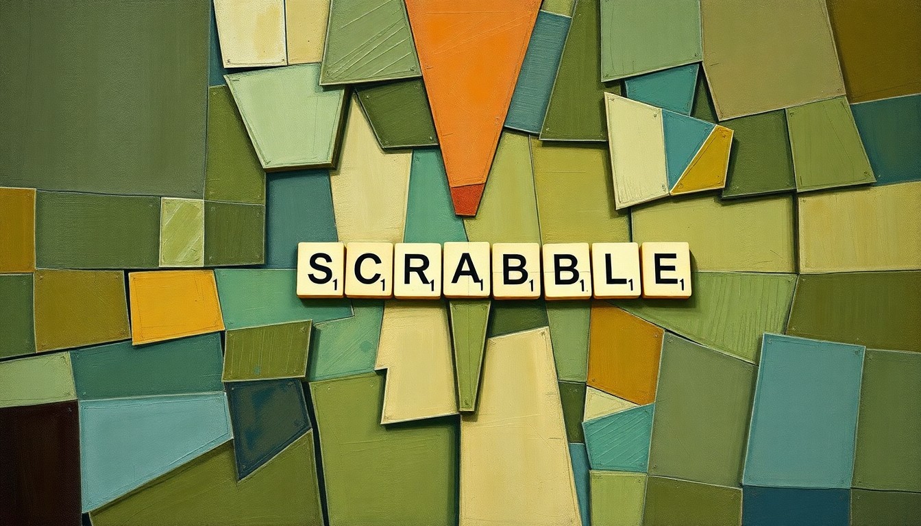 A fragmented, geometric painting depicting a Scrabble game in progress, with letter tiles and game board broken down into sharp, overlapping planes of color, conveying the intellectual challenge and competitive spirit of the tournament.