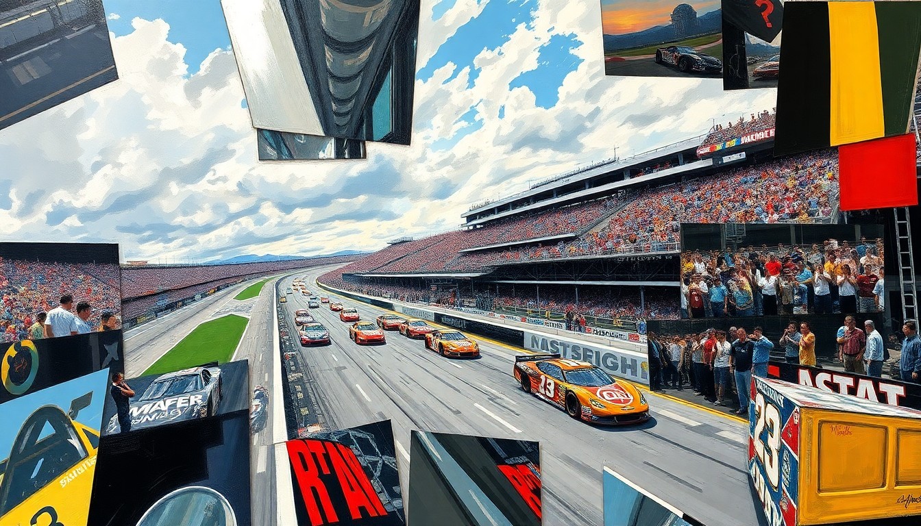 A fragmented, geometric painting in the style of Pablo Picasso, depicting the chaotic energy and motion of a NASCAR race at Bristol Motor Speedway, with cars and track elements broken down into sharp, overlapping planes of color and form.