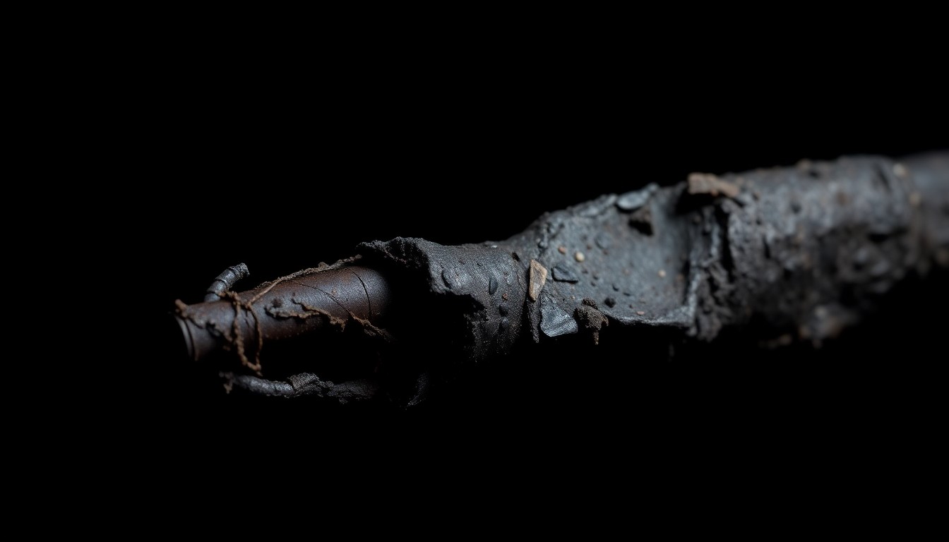 An extreme close-up photograph of a charred, twisted metal object against a pitch-black background, conceptually representing the aftermath of a deadly shed fire.