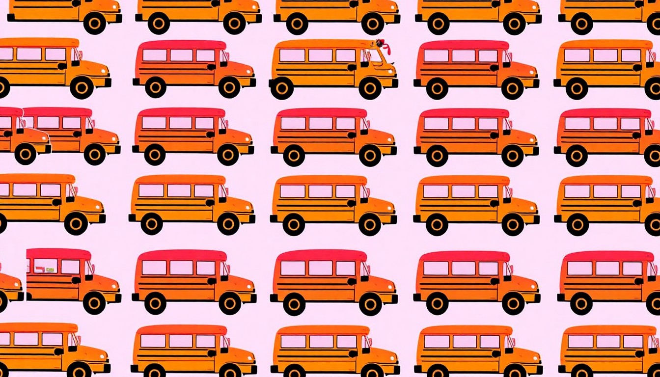 A brightly colored, high-contrast silkscreen print of a school bus icon repeated in a tight grid pattern, capturing the turbulence and uncertainty surrounding the leadership changes in the Judson Independent School District.