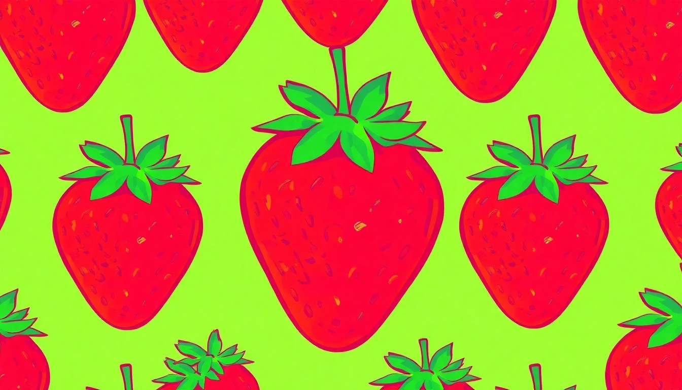 A high-contrast, silkscreen-style illustration featuring a grid of brightly colored strawberries in neon shades of red, pink, and green, conceptually representing the joyful energy and agricultural heritage of the Poteet Strawberry Festival.
